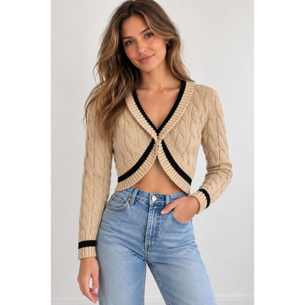 Women's Open Front Crop Top Cable Knit Criss Cross Sweater Size S